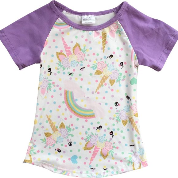 Little Girls Kids Unicorn Polka Dot Rainbow Raglan Shirt Top Tee Tshirt Outfit - Picture 1 of 4